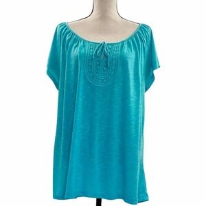 FADED Glory Light Blue Embroidered Tie Bust Short Sleeve Blouse